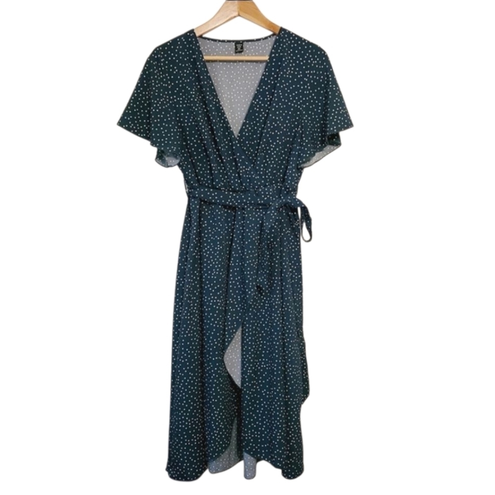 Shein Curve | Women's Elegant Green Polka Dot Faux Wrap Dress (Size 0XL)